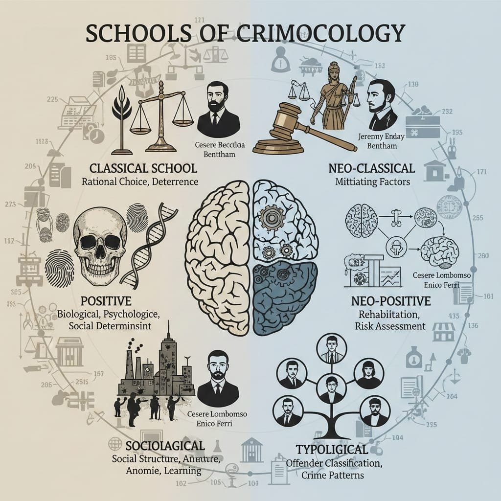 Schools of Criminology: Classical, Neo-Classical, Positive, Neo-Positive, Sociological and Typological Schools
